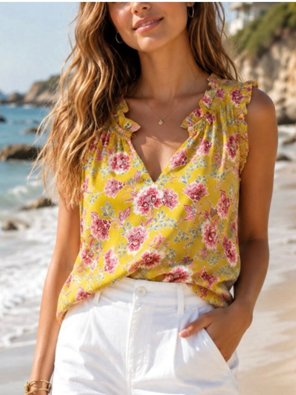 LOFT Yellow Floral Ruffle Shell with Pink and Blue Accents